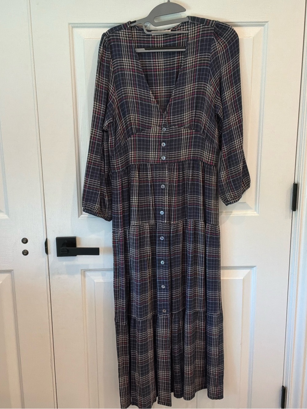 Marine Layer Navy and Burgundy Plaid Button-Front Maxi Dress